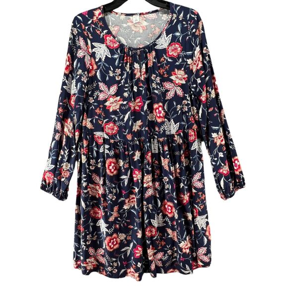 Old Navy Dress Womens Medium Blue Floral Rayon Boho Long Sleeve Mini Keyhole NEW - Picture 2 of 14